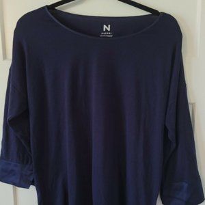 Natori Navy Scoop Neck Long Sleeve Top Satin  Neck and Sleeve Accent Sz S